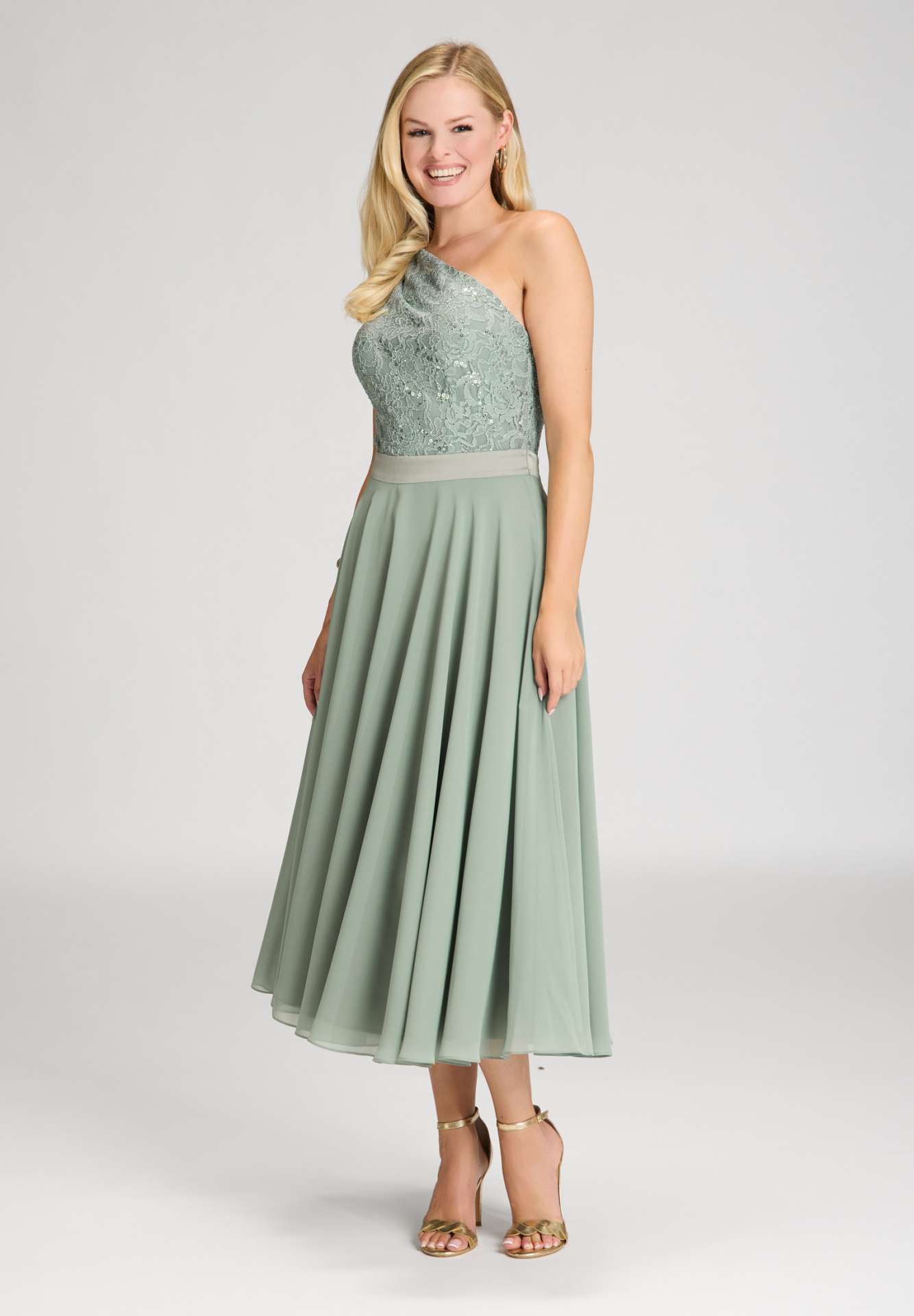 One Shoulder Midi Kleid aus Material Mix pistachio green