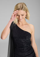 One-Shoulder Abendkleid aus foliertem Jersey mit Chiffon Schal