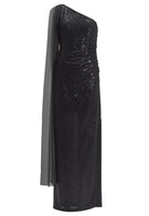 One-Shoulder Abendkleid aus foliertem Jersey mit Chiffon Schal