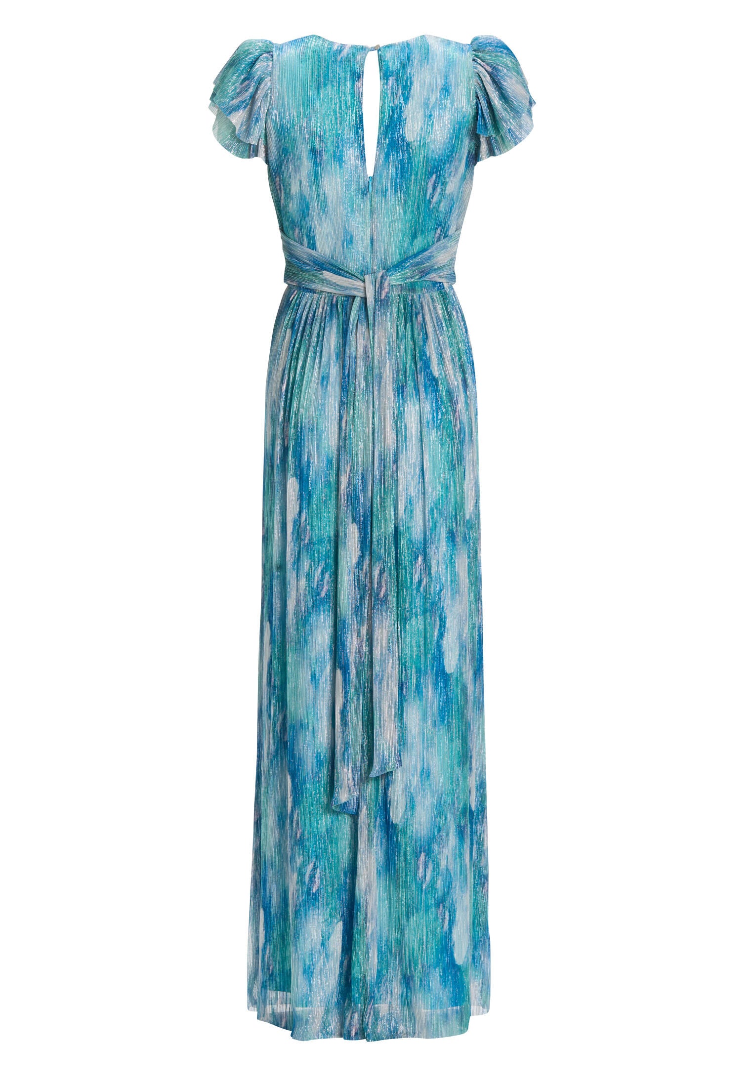 Abendkleid aus bedrucktem Plissee Jersey mit betonter Schulter