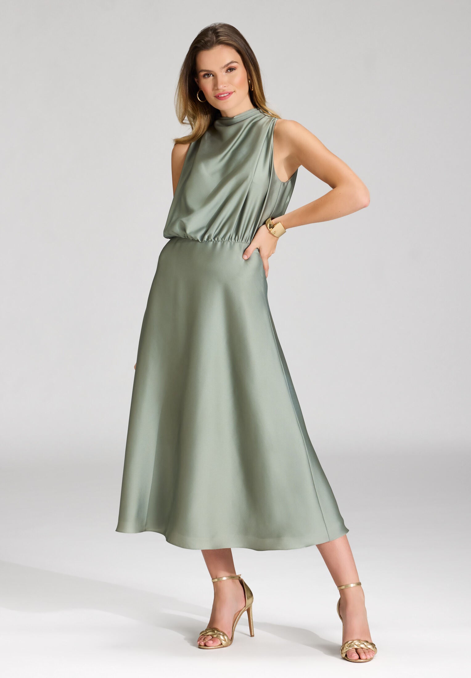 Midi Kleid aus nachhaltigem Satin mit Drapierung am Kragen pistachio green