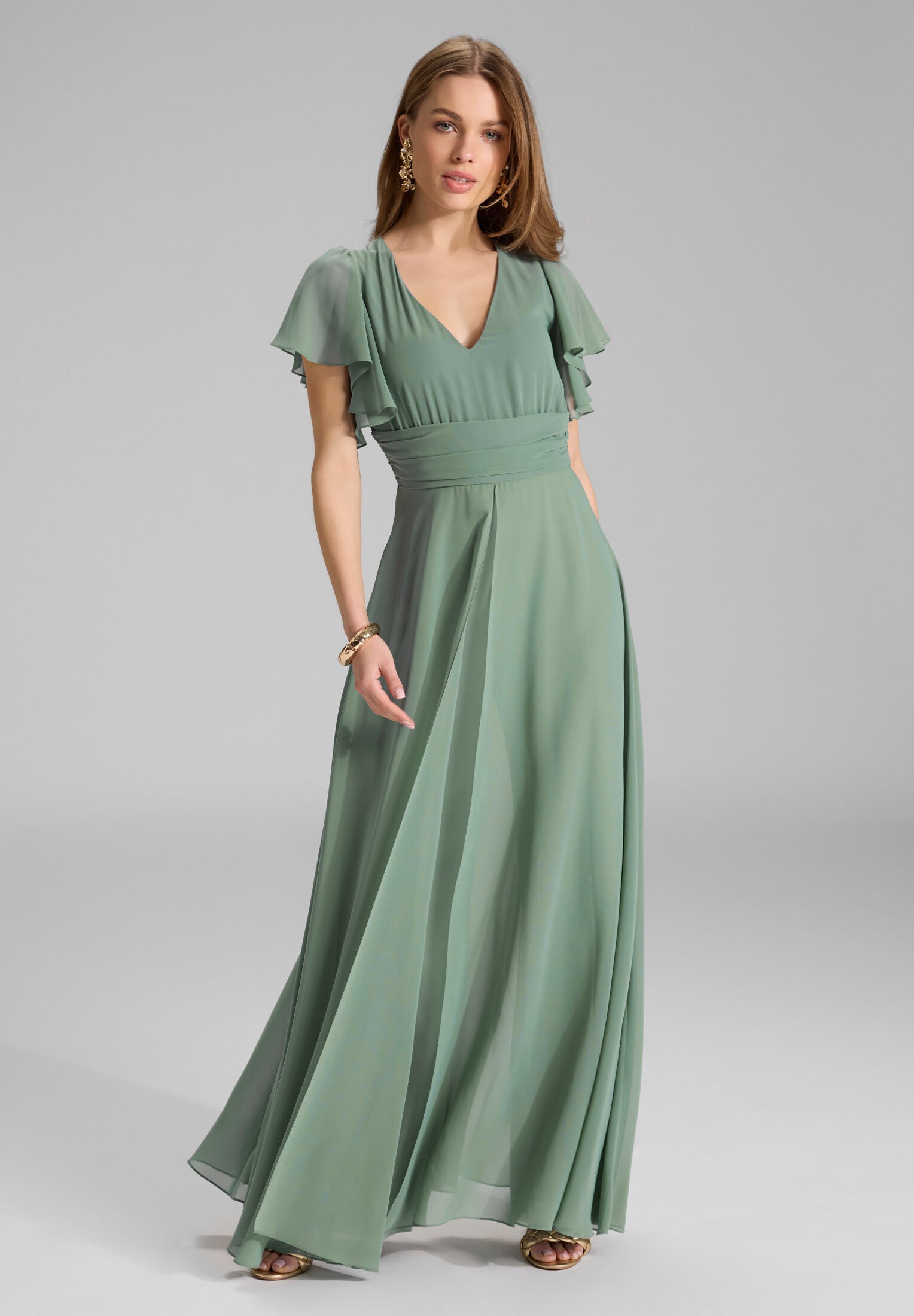 Chiffon Jumpsuit mit Überrock und Volantärmeln