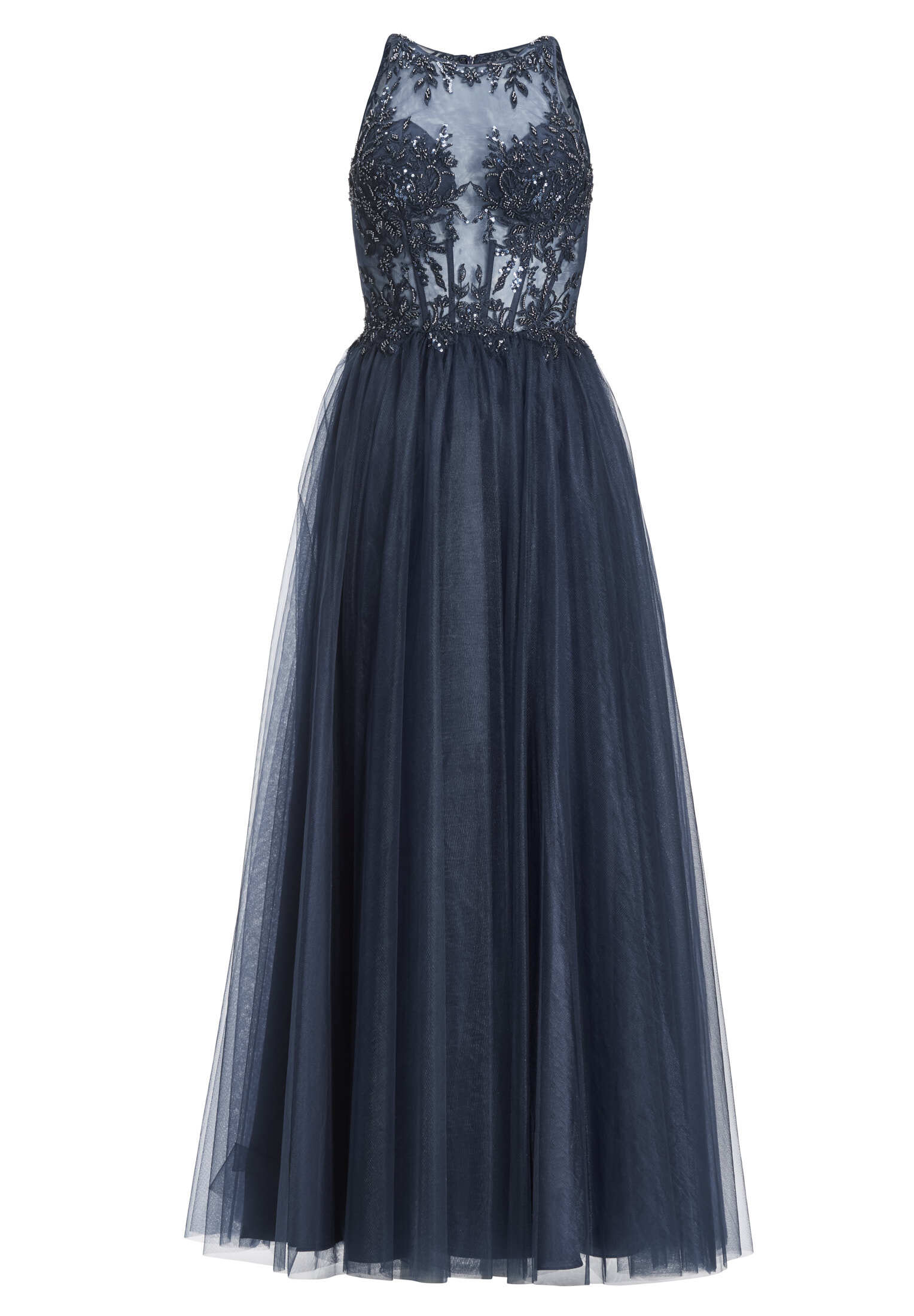 Bodenlanges Tüllkleid mit Stickerei