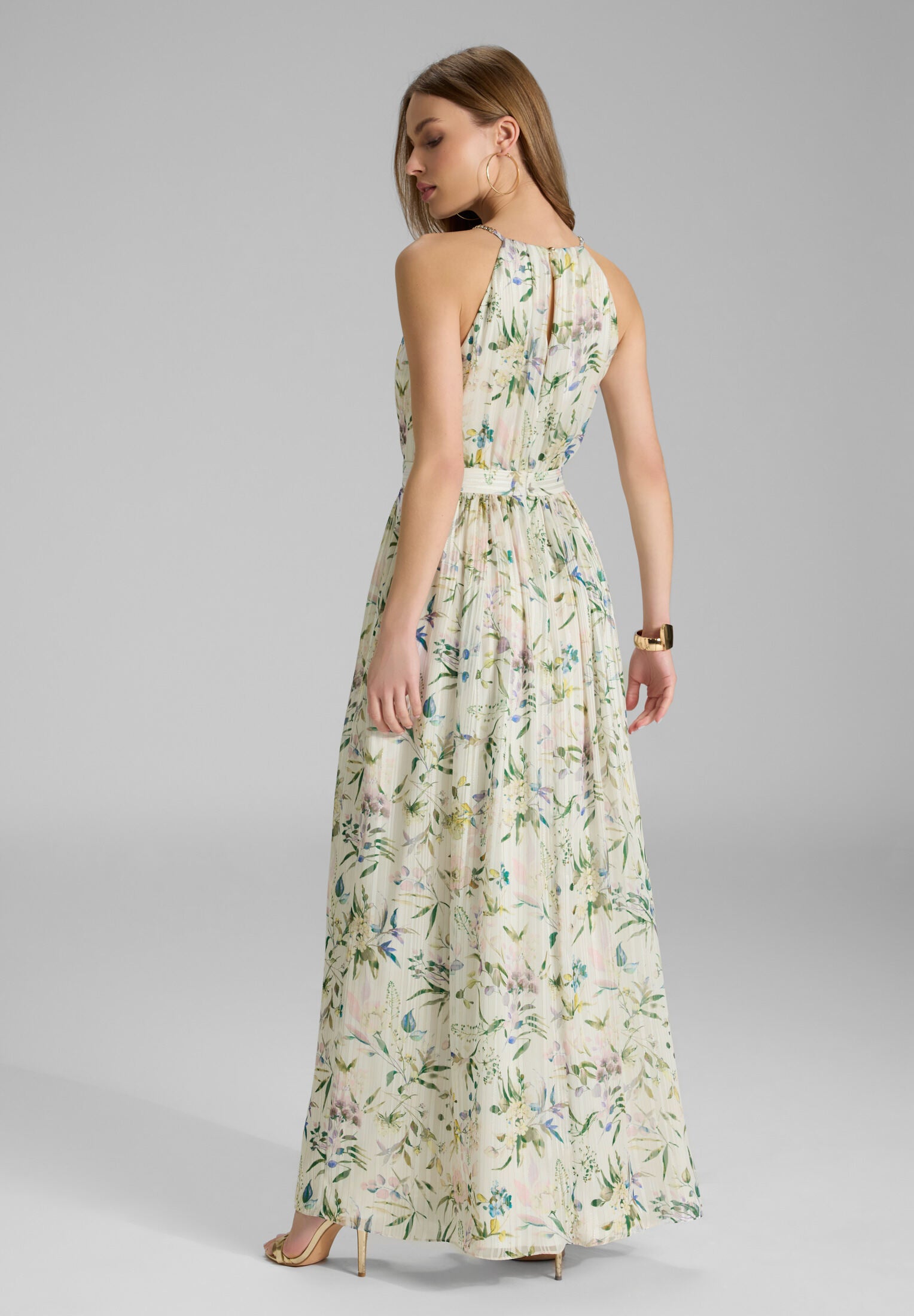 Abendkleid aus bedrucktem Chiffon mit Glitzerstreifen und Zierträgern