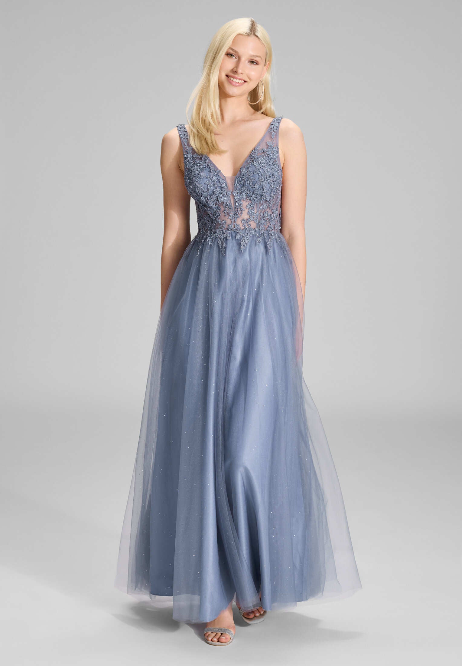 Tüllkleid mit Spitzenstickerei und Glitzereffekt blue crocus