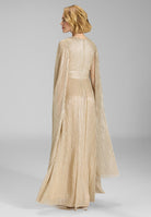 Abendkleid aus glänzendem Plissee Jersey mit langen Cape Ärmeln